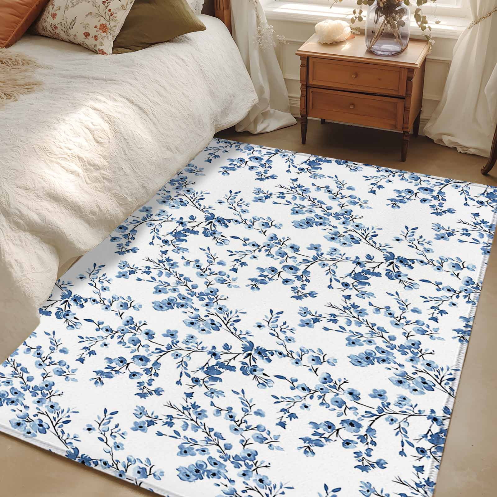 Low Profile Blue Rug Area Rug for Living Room, Navy Blue Spring Floral Non-Slip Indoor Large ...