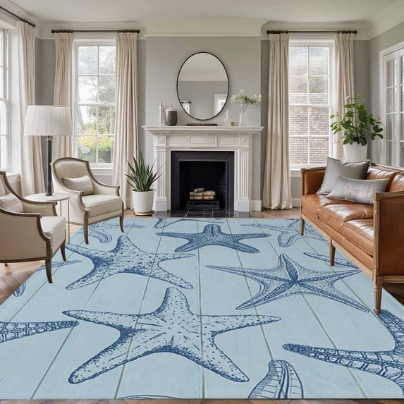 Area Rug for Living Room, Navy Blue Starfish Non-Slip Indoor Large Carpet for Bedroom/Dining Room, Coastal Ocean Summer Sea Nautical Washable Low-Profile Rectangle Floor Runner Rugs - 5 x 8 Ft
