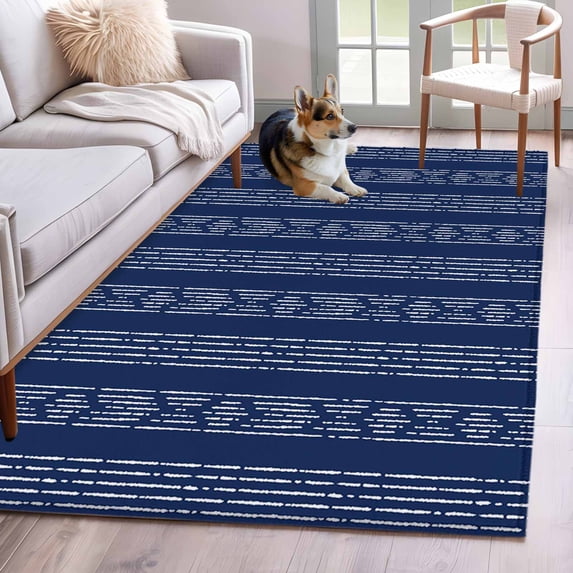 Area Rug for Living Room, Navy Blue Striped Non-Slip Indoor Large ...