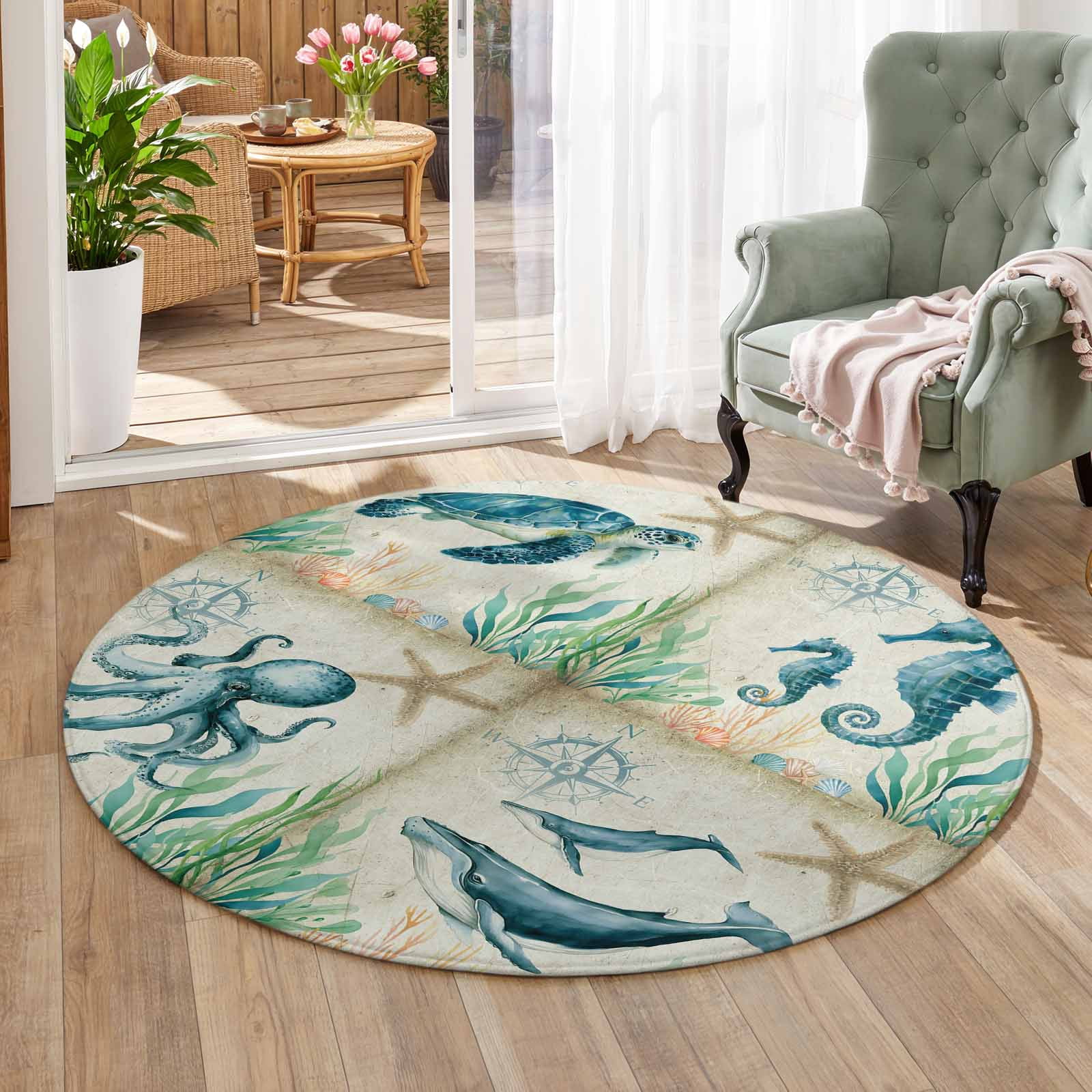 Turtle Outside Rugs Area Rug for Living Room Ocean Beach Theme Washable Round Rug 3ft, Soft ...