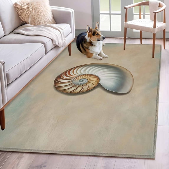 Area Rug for Living Room, Ocean Conch Non-Slip Indoor Large Carpet for Bedroom/Dining Room, Vintage Coastal Underwater Creature Khaki Washable Low-Profile Rectangle Floor Mat Runner Rugs - 3 x 5 Ft