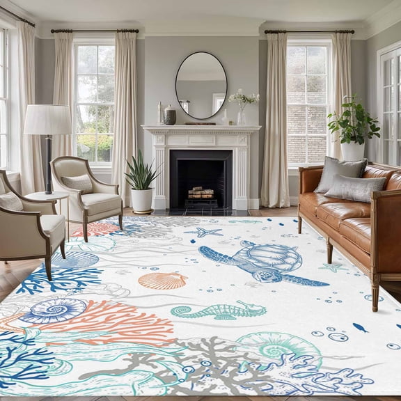 Area Rug for Living Room, Ocean Sea Turtle Non-Slip Indoor Large Carpet for Bedroom/Dining Room, Summer Coastal Beach Starfish Corals Washable Low-Profile Rectangle Floor Runner Rugs - 5 x 7 Ft