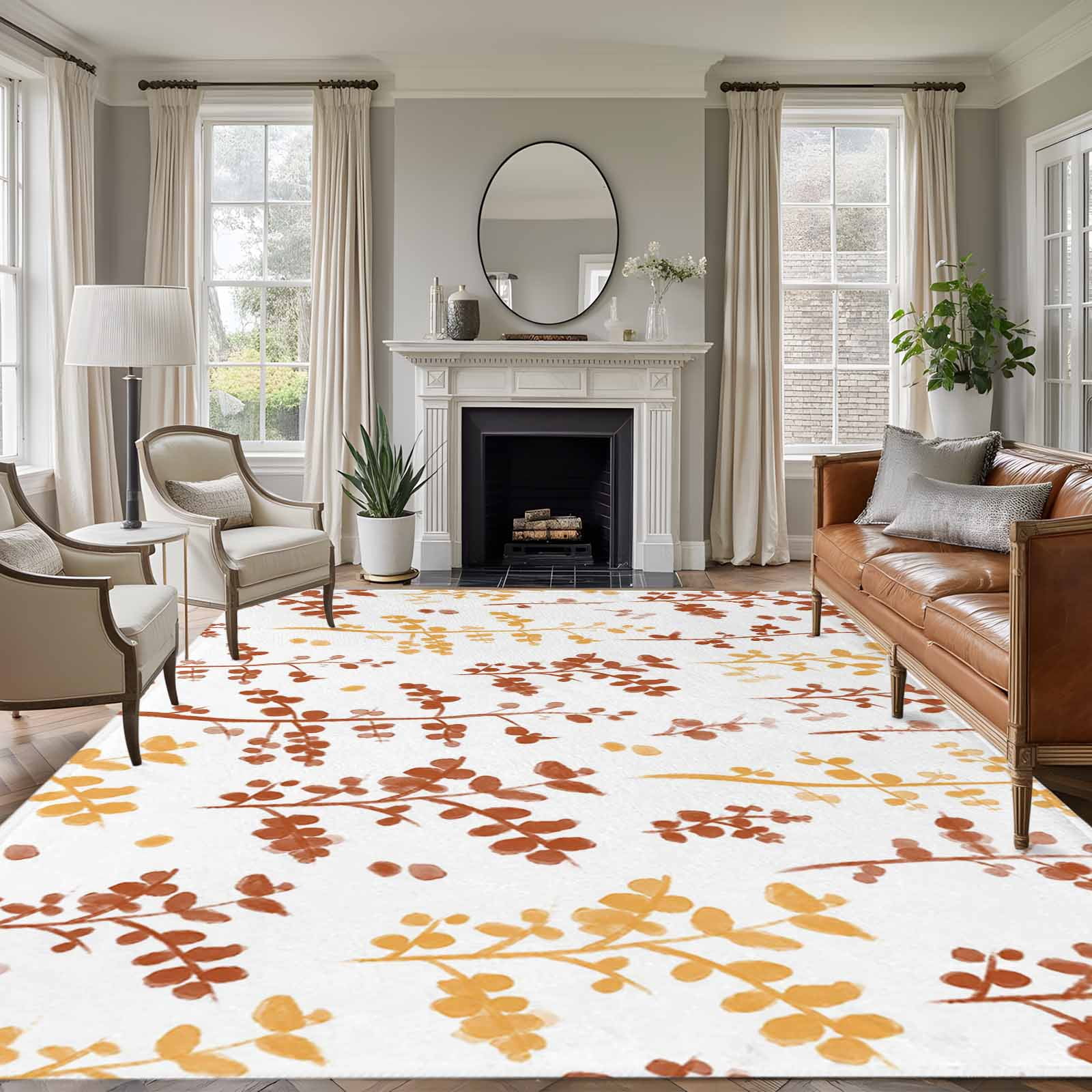 Area Rug for Living Room, Orange Botanical Non-Slip Indoor Large Carpet ...