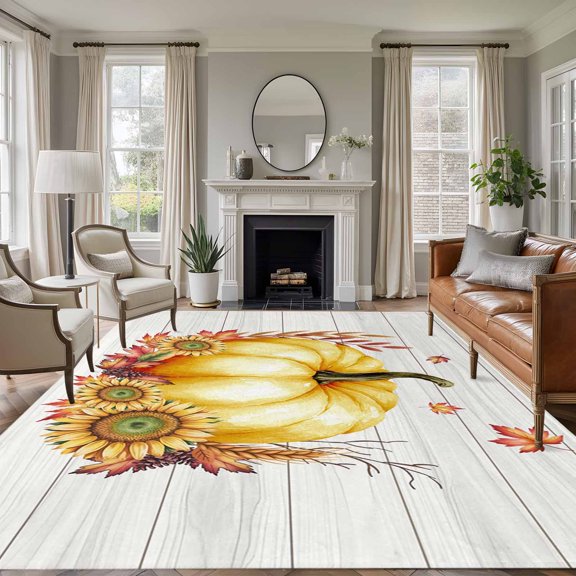 Area Rug for Living Room, Orange Fall Pumpkins Non-Slip Indoor Large Carpet for Bedroom/Dining Room, Sunflower Botanical Thanksgiving Washable Low-Profile Rectangle Floor Runner Rugs - 6 x 9 Ft