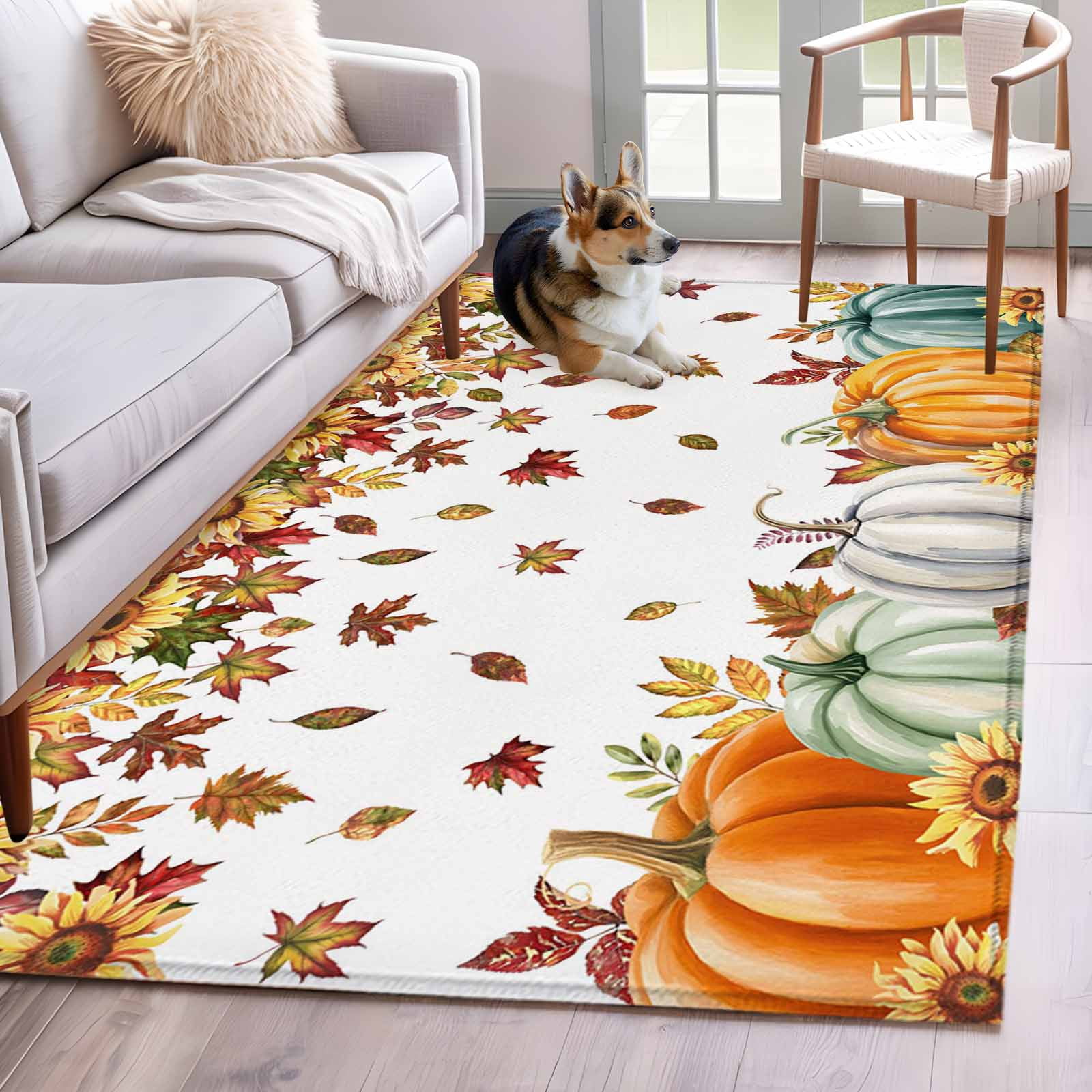 Area Rug for Living Room, Orange Pumpkins Fall Non-Slip Indoor Large ...