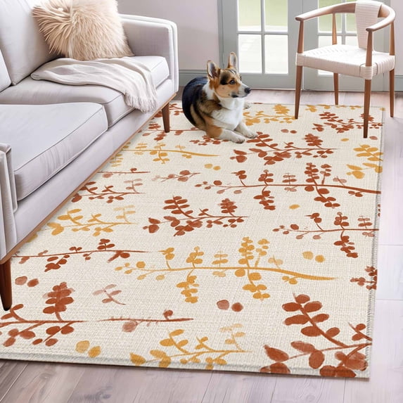 Area Rug for Living Room, Orange Yellow Botanical Non-Slip Indoor Large Carpet for Bedroom/Dining Room, Rustic Country Spring Floral Summer Leaf Washable Floor Mat Runner Rugs - 2.7 x 5 Ft