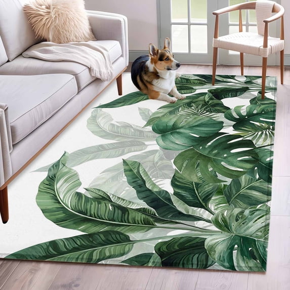 Area Rug for Living Room, Palm Leaves Tropical Non-Slip Indoor Large Carpet for Bedroom/Dining Room, Green Botanical Summer Washable Low-Profile Rectangle Floor Mat Runner Rugs - 2.7 x 5 Ft
