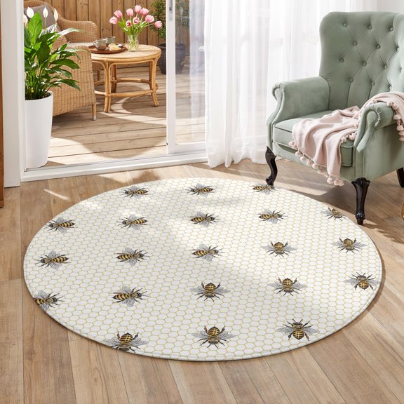 Area Rug for Living Room Pastoral Farm Bee Honeycomb Washable Round Rug 3ft, Soft Non-Slip Cushion Rugs Chenille Sponge, Rustic Abstract Hexagon Floor Carpet for Bedroom Dining Room Office Nursery