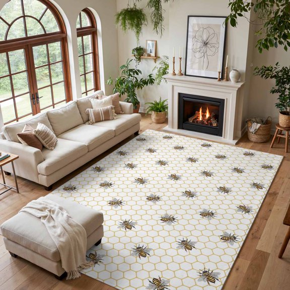 Area Rug for Living Room Pastoral Farm Bee Honeycomb Washable Rug 5x7ft, Soft Non-Slip Cushion Rugs Chenille Sponge, Rustic Abstract Hexagon Floor Carpet for Bedroom Dining Room Office Nursery