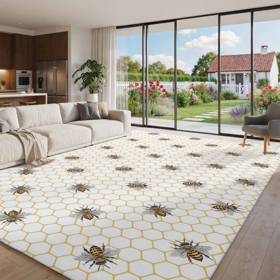 Area Rug for Living Room Pastoral Farm Bee Honeycomb Washable Rug 8x10ft, Soft Non-Slip Cushion Rugs Chenille Sponge, Rustic Abstract Hexagon Floor Carpet for Bedroom Dining Room Office Nursery Home