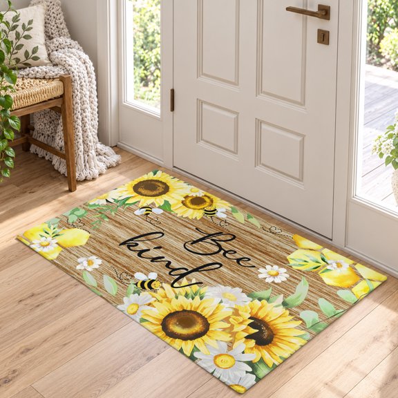Area Rug for Living Room Pastoral White Yellow Flower Bee Washable Rug 2x3ft, Soft Non-Slip Cushion Rugs Chenille Sponge, Farmhouse Vintage Wood Board Floor Carpet for Bedroom Dining Room Office