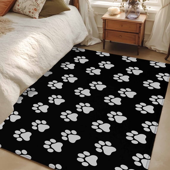 Area Rug for Living Room, Pet Paw Printed Non-Slip Indoor Large Carpet for Bedroom/Dining Room, Modern Dog Footprints Black Grey Washable Low-Profile Rectangle Floor Runner Rugs - 4 x 6 Ft