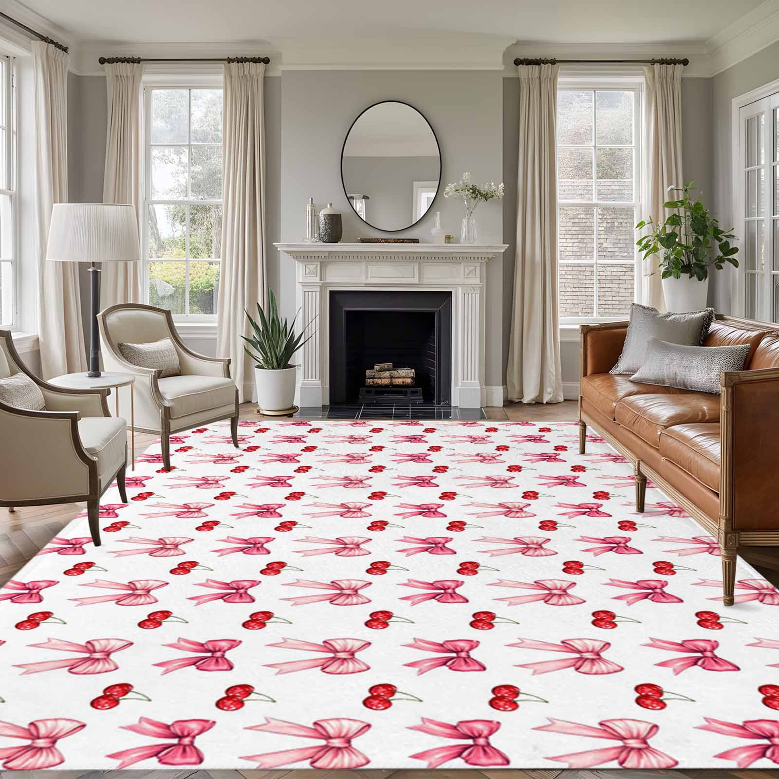Area Rug for Living Room, Pink Bow Cherry Non-Slip Indoor Ex Large ...