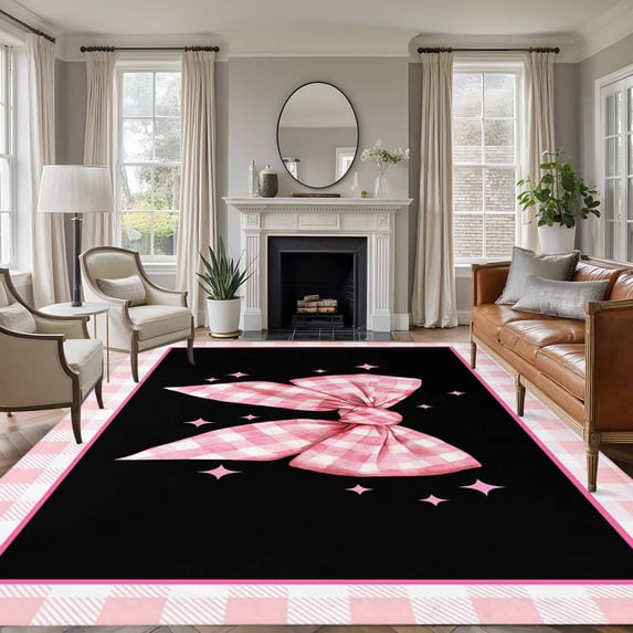 Area Rug for Living Room, Pink Bowknot Non-Slip Indoor Large Carpet for Bedroom/Dining Room, Shining Stars Vintage White Plaid Black Washable Low-Profile Rectangle Floor Runner Rugs - 5 x 7 Ft