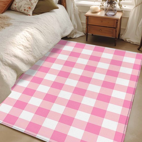 Area Rug for Living Room, Pink Buffalo Check Non-Slip Indoor Large Carpet for Bedroom/Dining Room, Valentine's Day Modern Rustic Plaid Washable Low-Profile Rectangle Floor Mat Runner Rugs - 3 x 5 Ft