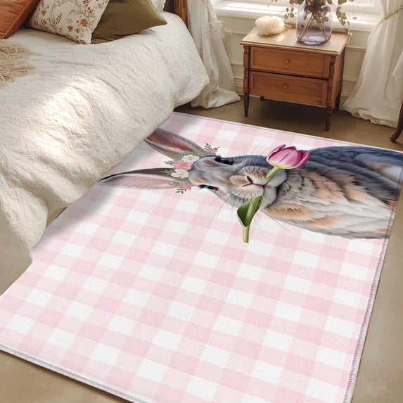 Area Rug for Living Room, Pink Easter Non-Slip Indoor Large Carpet for Bedroom/Dining Room, Bunny Tulip Checkered Elegant Pastoral Washable Low-Profile Rectangle Floor Runner Rugs - 4 x 6 Ft