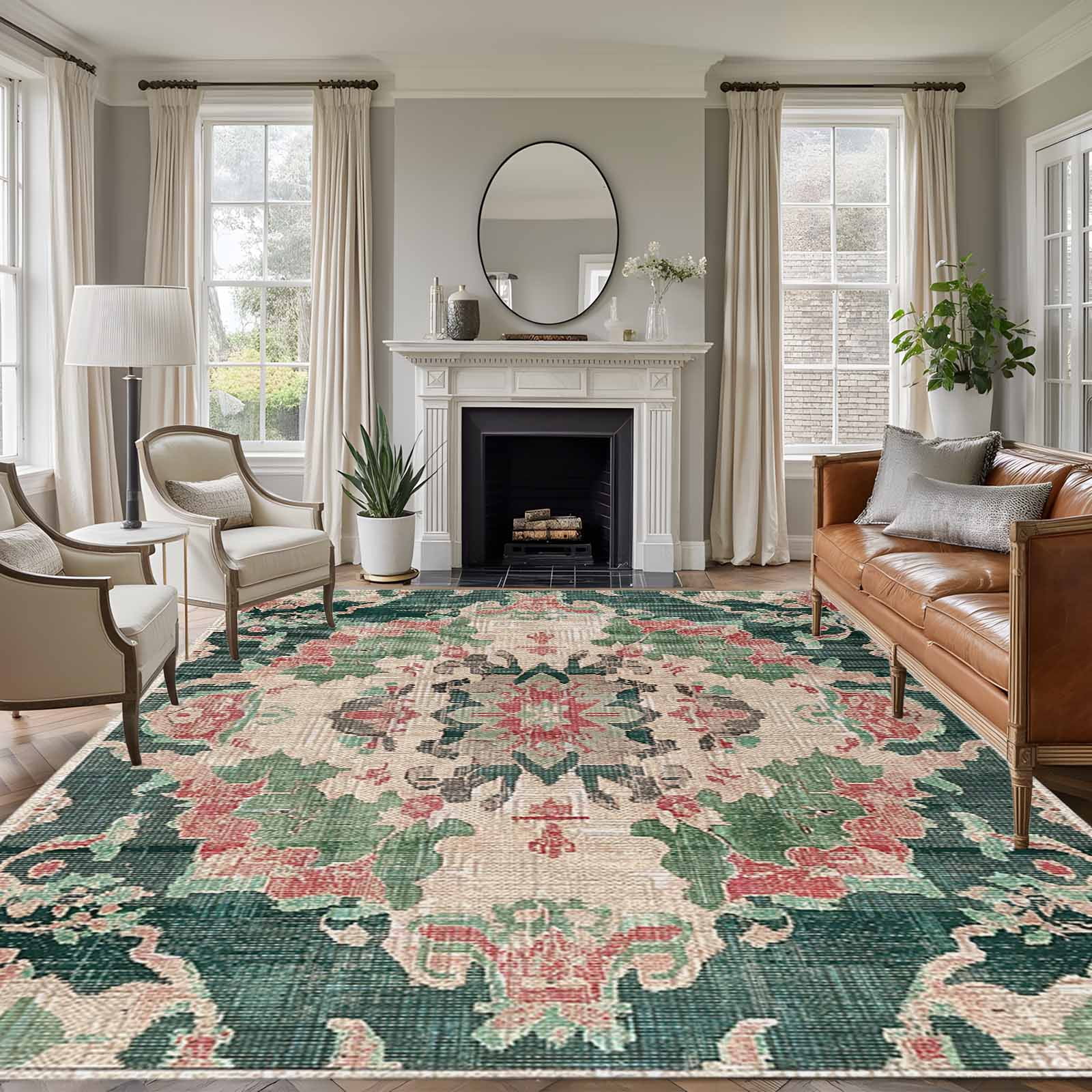 Area Rug for Living Room, Pink Green Boho Non-Slip Indoor Large Carpet for Bedroom/Dining Room, Abstract Medieval Vintage Ethnic Floral Washable Low-Profile Rectangle Floor Runner Rugs - 5 x 8 Ft