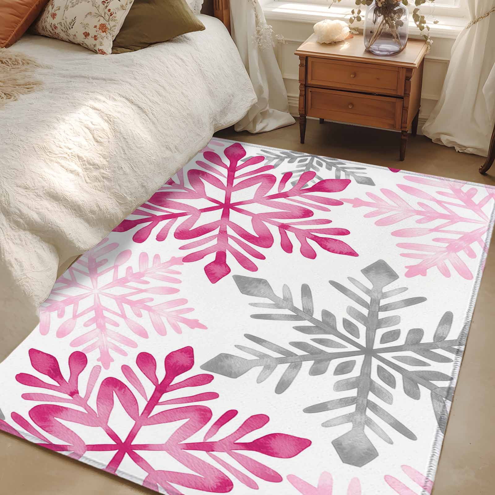 Area Rug for Living Room, Pink Grey Christmas Snowflakes Non-Slip ...