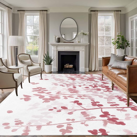 Area Rug for Living Room, Pink Leaves Non-Slip Indoor Large Carpet for Bedroom/Dining Room, Summer Botanical Washable Low-Profile Rectangle Floor Runner Rugs - 5 x 7 Ft