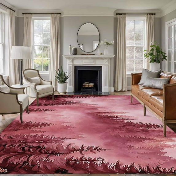 Area Rug for Living Room, Pink Mountain Non-Slip Indoor Large Carpet for Bedroom/Dining Room, Misty Forest Nature Woodland Pine Tree Landscape Washable Low-Profile Floor Runner Rugs - 6 x 9 Ft