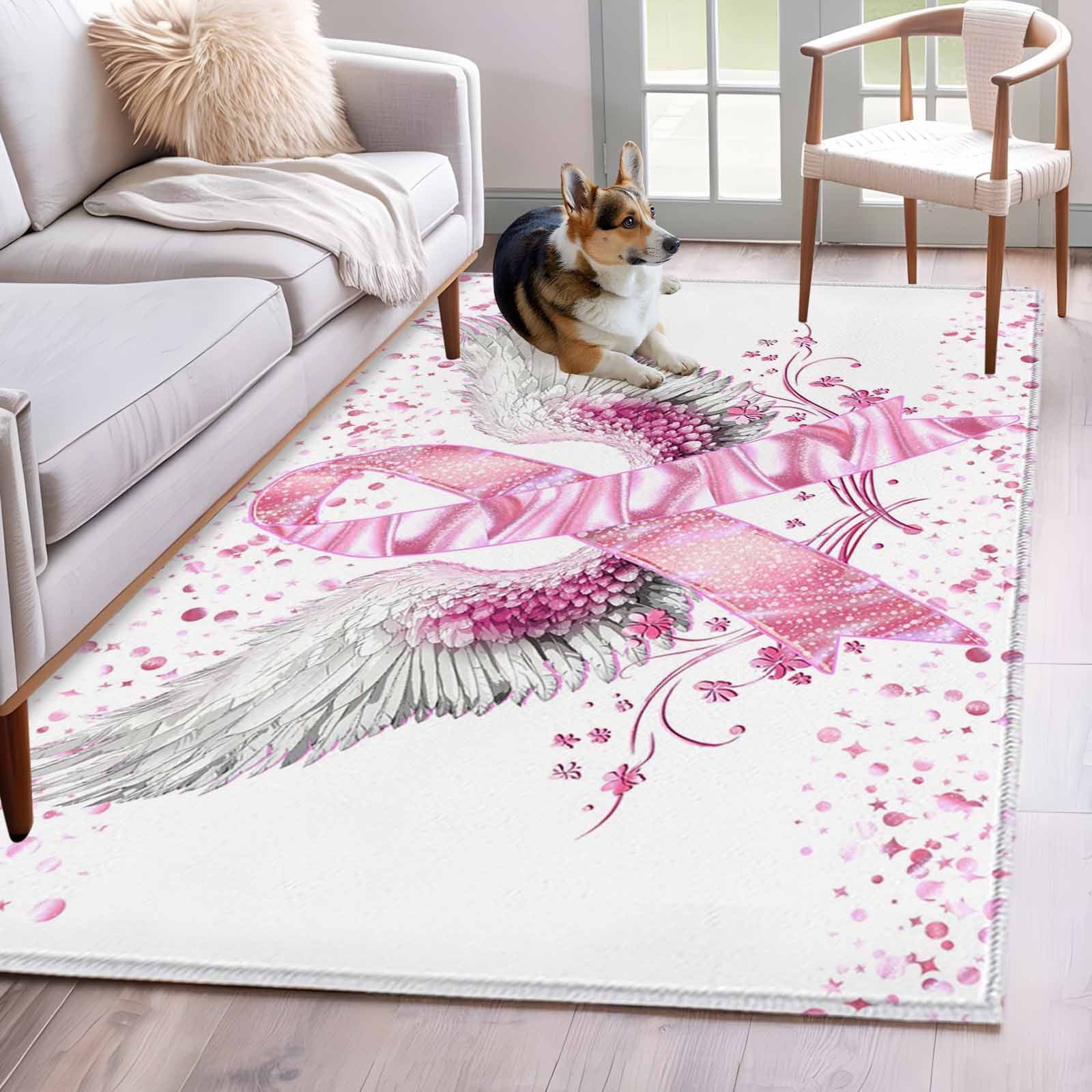 Area Rug for Living Room, Pink Ribbon Wings Non-Slip Indoor Large ...