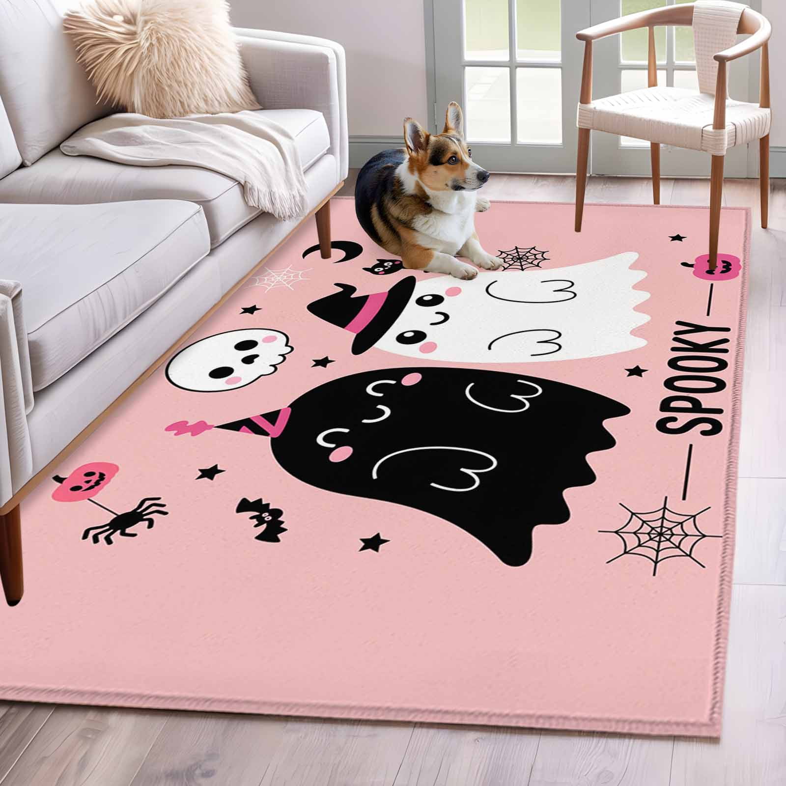 Large Spooky Rug Area Rug for Living Room, Pink Spooky Halloween Non-Slip Indoor Large ...