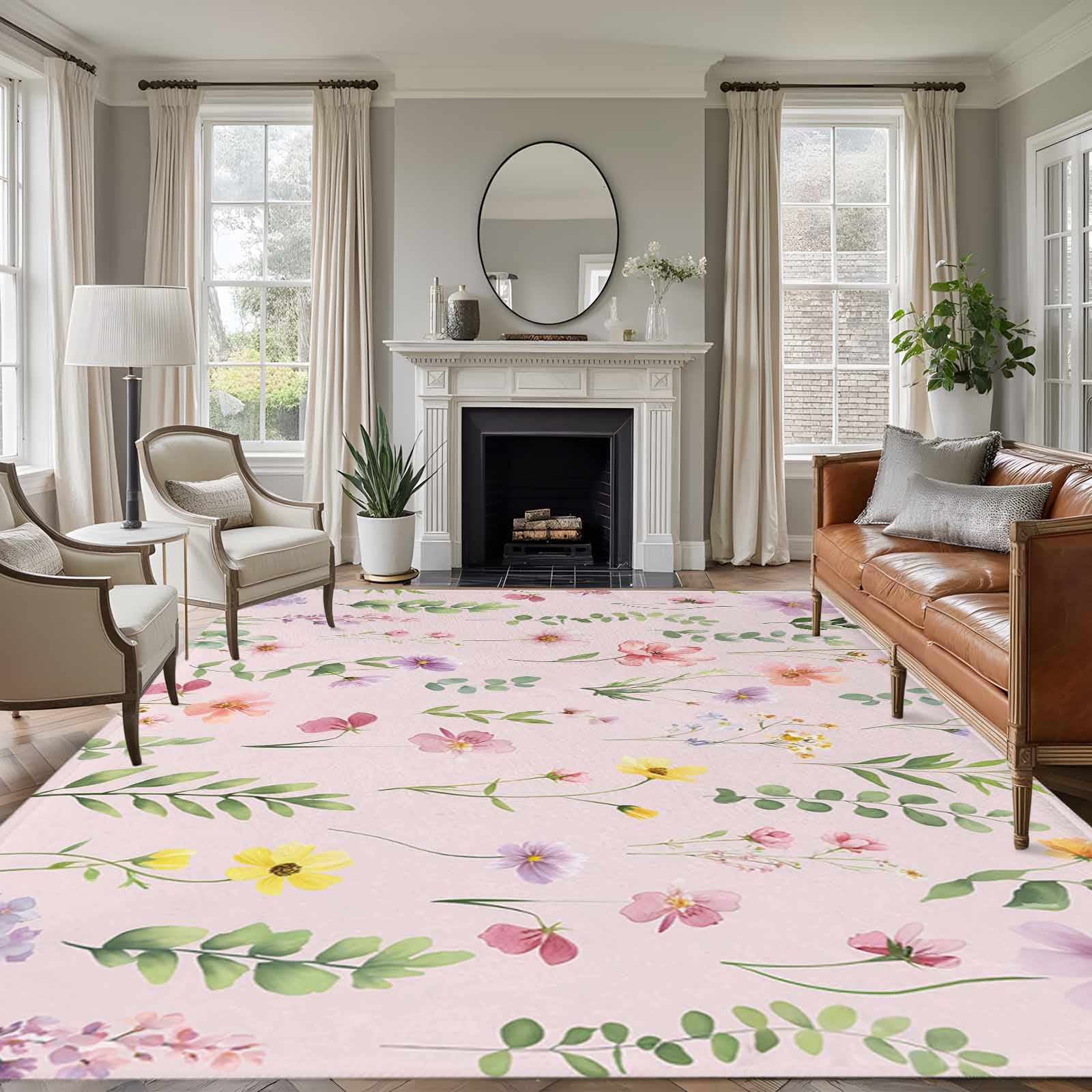 Area Rug for Living Room, Pink Spring Floral Non-Slip Indoor Large ...
