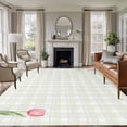 thumbnail image 1 of Area Rug for Living Room, Pink Spring Floral Non-Slip Indoor Large Carpet for Bedroom/Dining Room, Tulip Yellow Plaid Summer Botanical Washable Low-Profile Rectangle Floor Runner Rugs - 5 x 8 Ft, 1 of 8