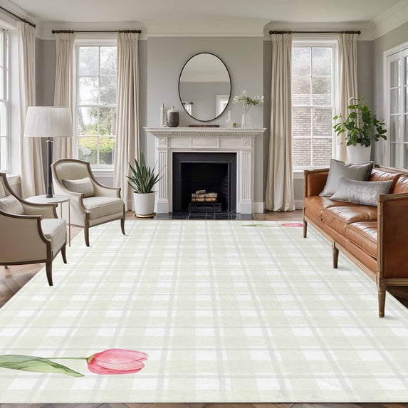 Area Rug for Living Room, Pink Spring Floral Non-Slip Indoor Large Carpet for Bedroom/Dining Room, Tulip Yellow Plaid Summer Botanical Washable Low-Profile Rectangle Floor Runner Rugs - 5 x 8 Ft