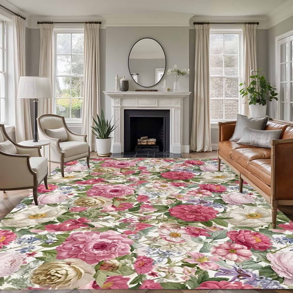 Area Rug for Living Room, Pink Spring Floral Non-Slip Indoor Large Carpet for Bedroom/Dining Room, Vintage Summer Botanical Washable Low-Profile Rectangle Floor Runner Rugs - 6 x 9 Ft
