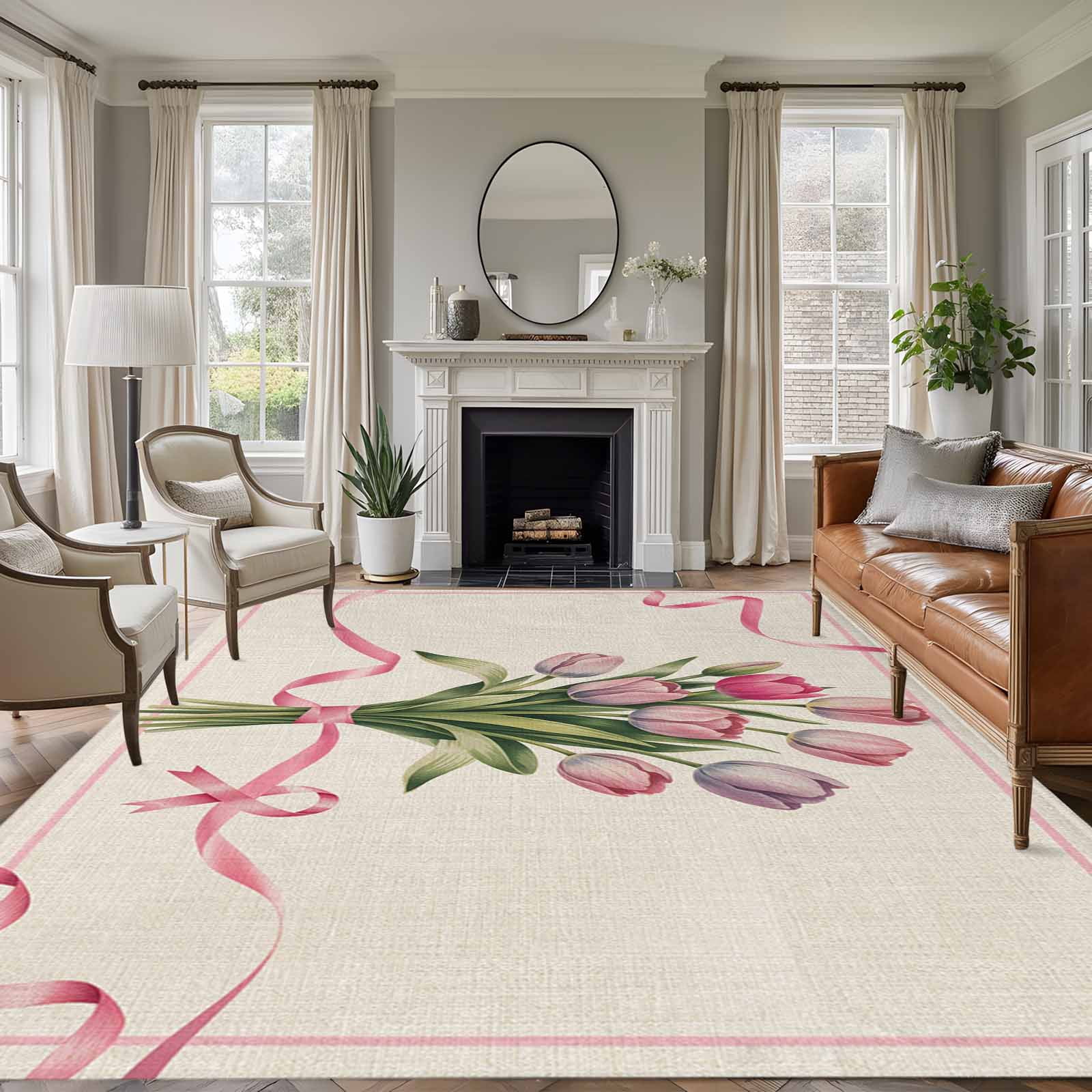Area Rug for Living Room, Pink Tulip Non-Slip Indoor Large Carpet for ...