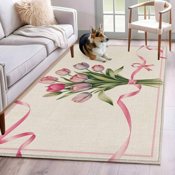 Area Rug for Living Room, Pink Tulip Non-Slip Indoor Large Carpet for ...