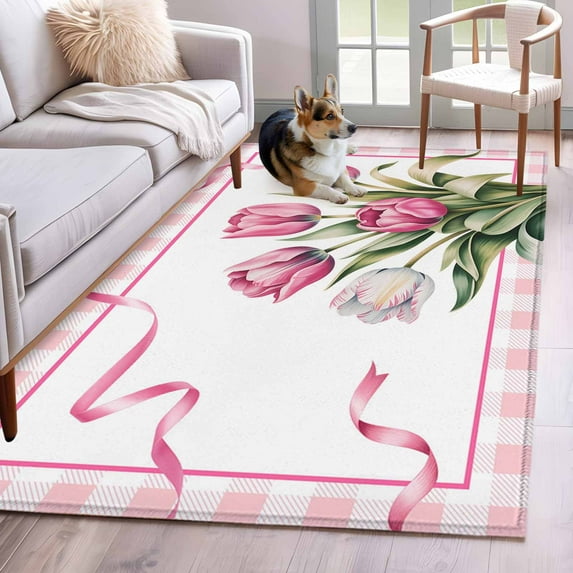 Area Rug for Living Room, Pink Tulip Spring Floral Non-Slip Indoor Large Carpet for Bedroom/Dining Room, Romantic Flowers Modern Art Plaid Washable Low-Profile Floor Mat Runner Rugs - 2.7 x 5 Ft