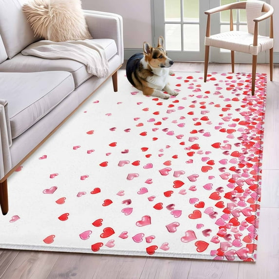 Area Rug for Living Room, Pink Valentine's Day Non-Slip Indoor Large Carpet for Bedroom/Dining Room, Love Heart Washable Low-Profile Rectangle Floor Mat Runner Rugs - 2.7 x 5 Ft