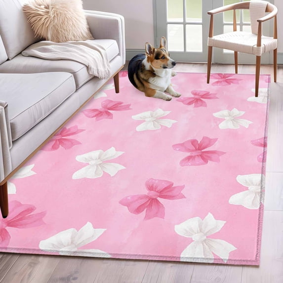 Area Rug for Living Room, Pink White Bow Non-Slip Indoor Large Carpet for Bedroom/Dining Room, Modern Art Watercolor Bowknot Washable Low-Profile Rectangle Floor Mat Runner Rugs - 2.7 x 5 Ft