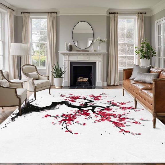 Area Rug for Living Room, Plum Tree Branches Non-Slip Indoor Large Carpet for Bedroom/Dining Room, Spring Chinese Traditional Ink Painting Washable Low-Profile Rectangle Floor Runner Rugs - 6 x 9 Ft