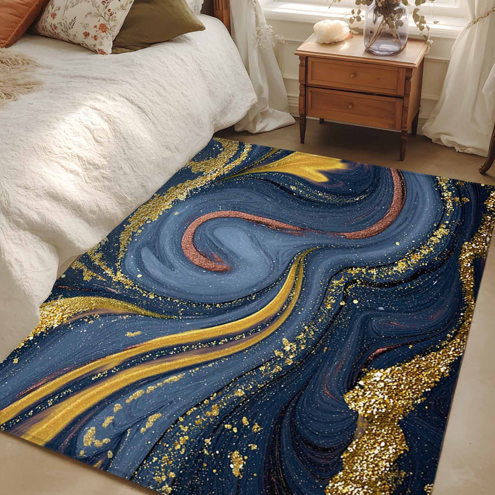 Area Rug for Living Room, Purple Blue Golden Marble Non-Slip Indoor ...