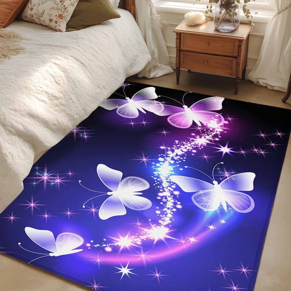 Area Rug for Living Room, Purple Butterflies Non-Slip Indoor Large Carpet for Bedroom/Dining Room, Modern Abstract Fantasy Gradient Washable Low-Profile Rectangle Floor Mat Runner Rugs - 3 x 5 Ft