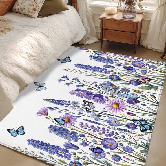 Area Rug for Living Room, Purple Floral Non-Slip Indoor Large Carpet for Bedroom/Dining Room, Spring Lavender Daisy Butterflies Botanical Washable Low-Profile Floor Mat Runner Rugs - 2.7 x 5 Ft