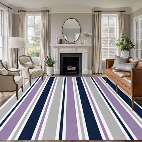 Area Rug for Living Room, Purple Grey Striped Non-Slip Indoor Large Carpet for Bedroom/Dining Room, Farmhouse Stripes Modern Abstract Art Washable Low-Profile Rectangle Floor Runner Rugs - 5 x 8 Ft