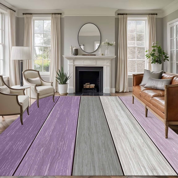 Area Rug for Living Room, Purple Grey Wood Grain Non-Slip Indoor Large Carpet for Bedroom/Dining Room, Ombre Rustic Retro Wooden Plank Washable Low-Profile Rectangle Floor Runner Rugs - 5 x 8 Ft