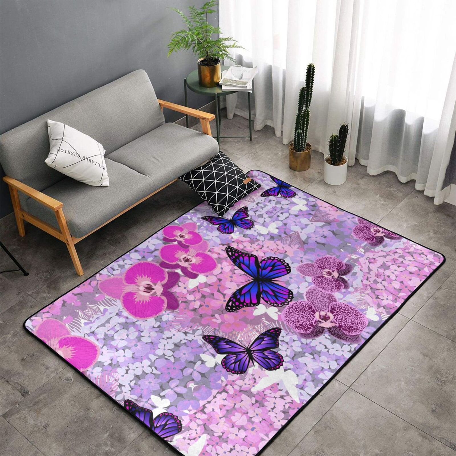 Area Rug for Living Room, Purple Vintage Butterfly Stylish Throw Rug