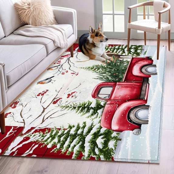 Area Rug for Living Room, Red Christmas Non-Slip Indoor Large Carpet for Bedroom/Dining Room, Truck Birds Xmas Tree Snowflake Wooden Washable Low-Profile Rectangle Floor Runner Rugs - 4 x 6 Ft