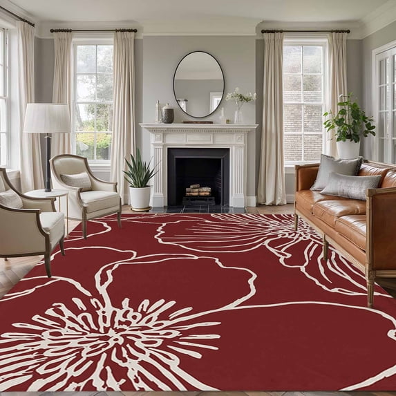 Area Rug for Living Room, Red Flowers Non-Slip Indoor Ex Large Carpet for Bedroom/Dining Room, Spring Floral Botanical Modern Art Washable Low-Profile Rectangle Floor Runner Rugs - 8 x 10 Ft