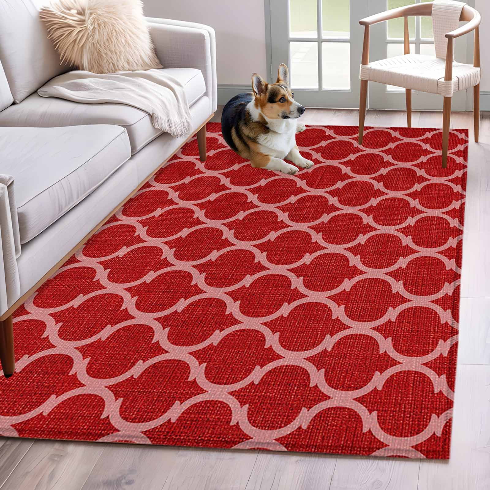 Area Rug for Living Room, Red Moroccan Non-Slip Indoor Large