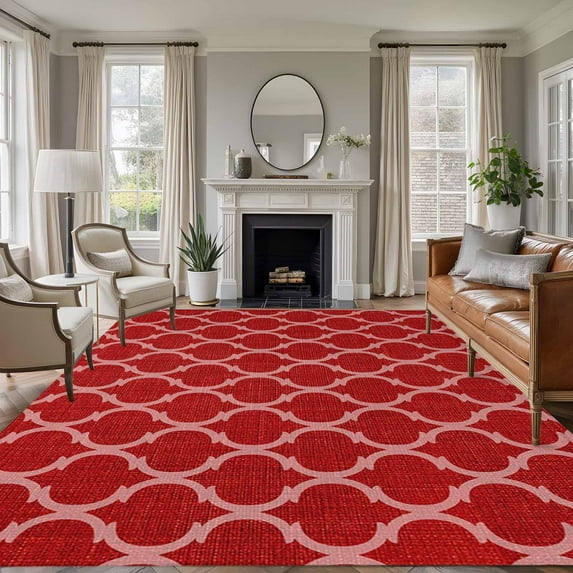 Area Rug for Living Room, Red Moroccan Non-Slip Indoor Large Carpet for Bedroom/Dining Room, Morocco Ethnic Abstract Quatrefoil Grid Washable Low-Profile Rectangle Floor Runner Rugs - 5 x 8 Ft
