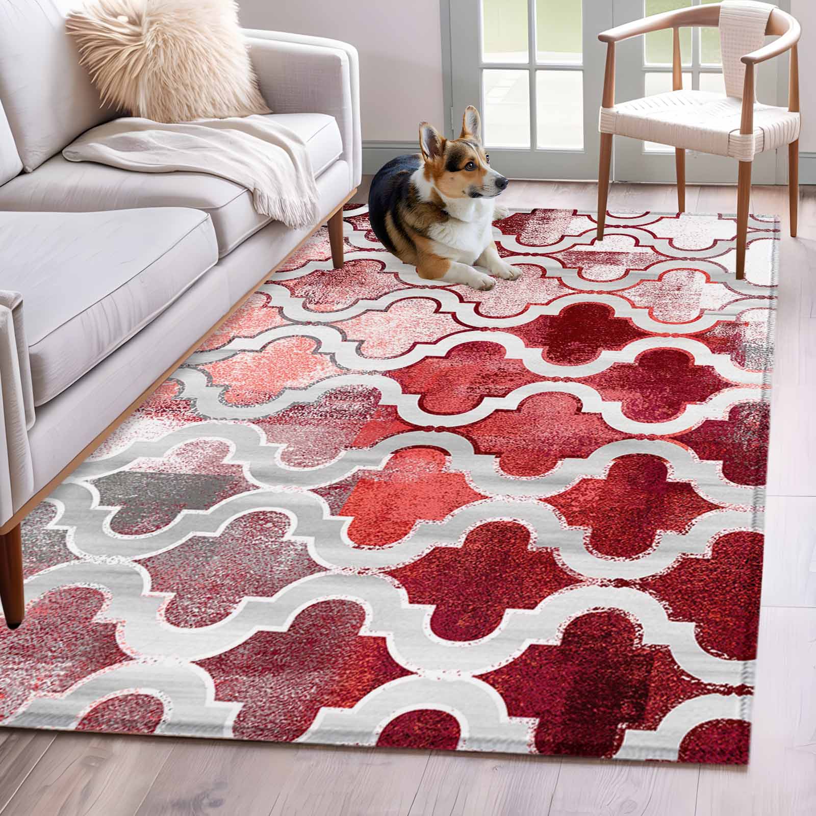 Muttled Rug Area Rug for Living Room, Red Morocco Non-Slip Indoor Large Carpet for ...