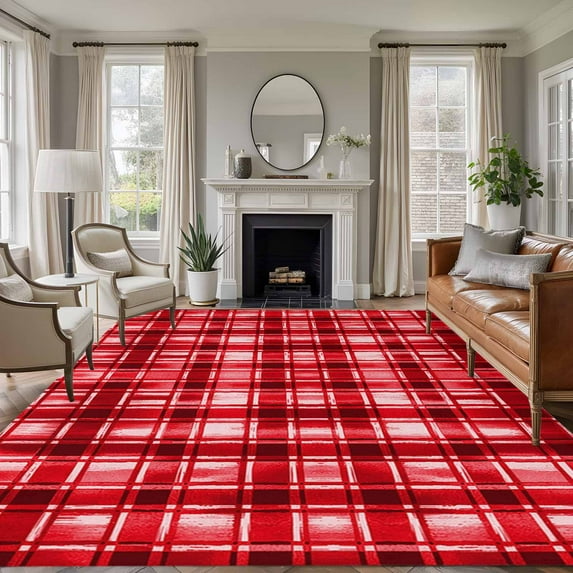 Area Rug for Living Room, Red Plaid Non-Slip Indoor Ex Large Carpet for Bedroom/Dining Room, Modern Art Checkered Farmhouse Washable Low-Profile Rectangle Floor Runner Rugs - 8 x 10 Ft