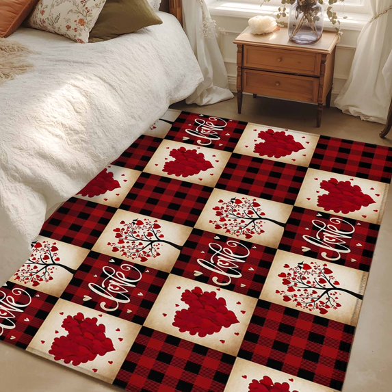 Area Rug for Living Room, Red Plaid Valentine's Day Non-Slip Indoor Large Carpet for Bedroom/Dining Room, Checkered Farmhouse Valentines Washable Low-Profile Floor Mat Runner Rugs - 3 x 5 Ft