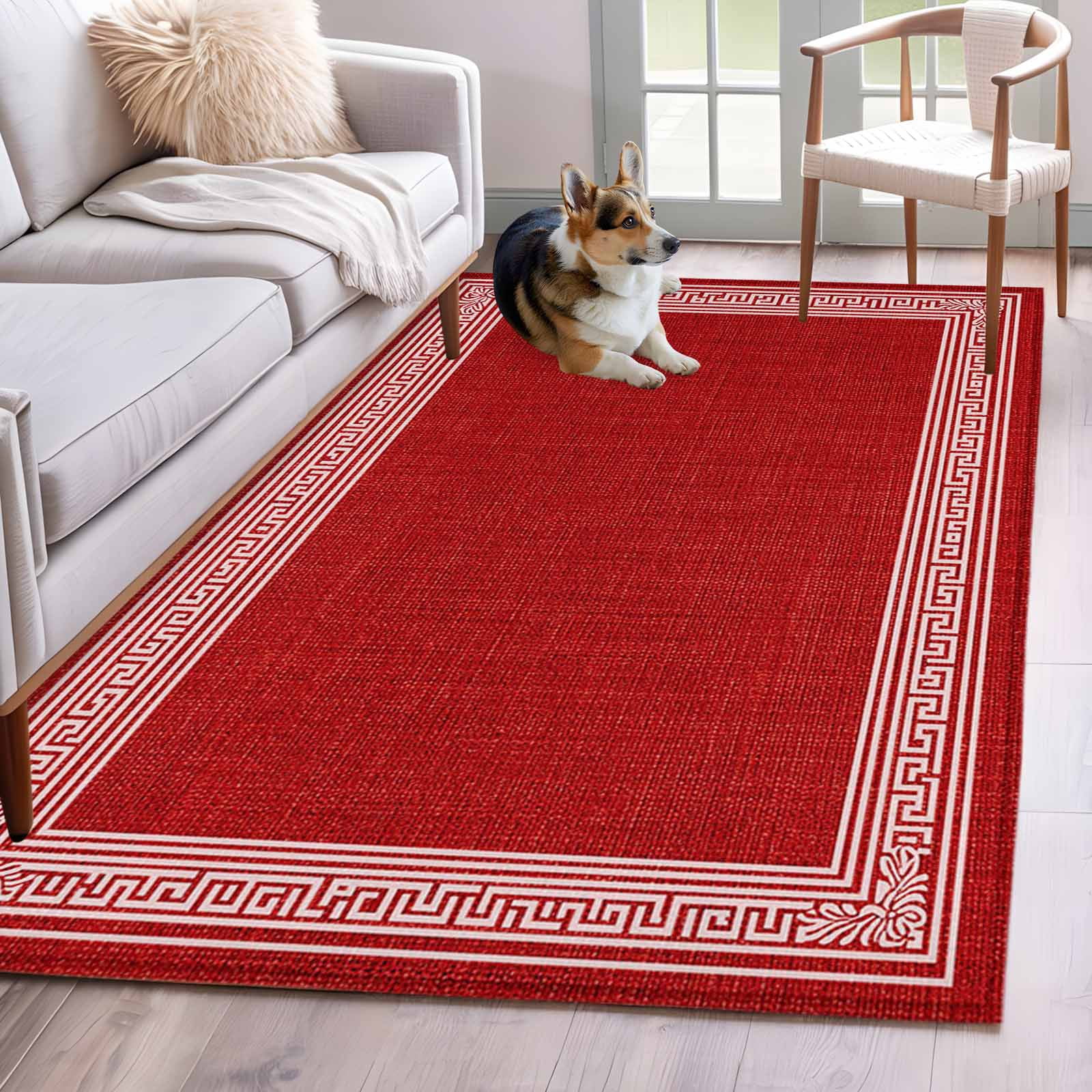 Sala Rug Area Rug for Living Room, Red Retro Greek Key Non-Slip Indoor Large ...